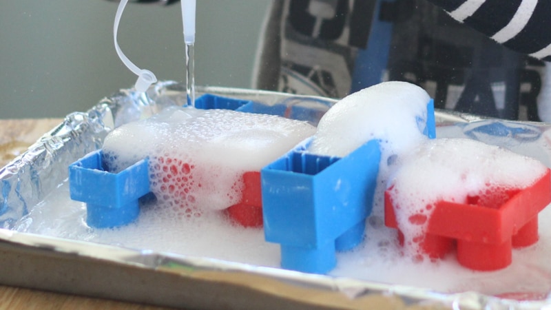 A classic baking soda eruption with lego blocks fizzy blocks